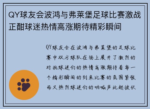 QY球友会波鸿与弗莱堡足球比赛激战正酣球迷热情高涨期待精彩瞬间