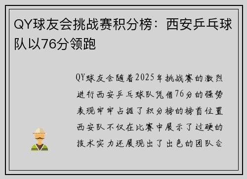 QY球友会挑战赛积分榜：西安乒乓球队以76分领跑