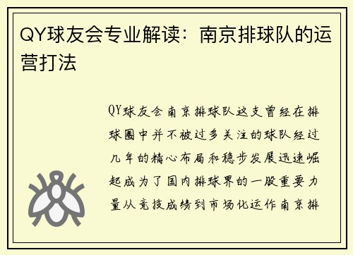 QY球友会专业解读：南京排球队的运营打法