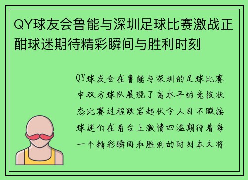 QY球友会鲁能与深圳足球比赛激战正酣球迷期待精彩瞬间与胜利时刻