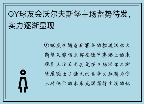 QY球友会沃尔夫斯堡主场蓄势待发，实力逐渐显现